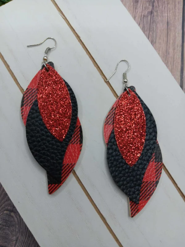 Christmas Fireside Hot Drinks Triple Layered Red Buffalo Plaid & Glitter Leather Style Earrings Christmas Fireside Hot Drinks Triple Layered Red Buffalo Plaid & Glitter Leather Style Earrings