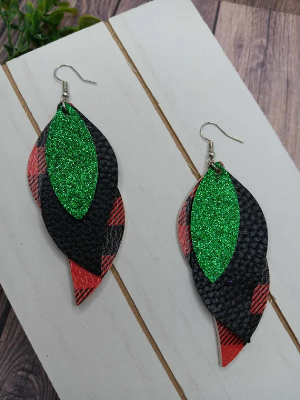 Christmas Crackling Bonfire Triple Layered Red Buffalo Plaid & Green Glitter Leather Style Earrings