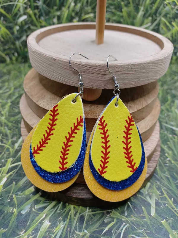 Triple Layered Softball Earrings w/ Blue & Yellow Glitter