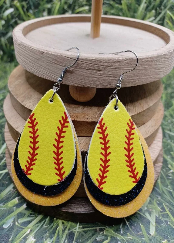 Triple Layered Softball Earrings w/ Deep Blue & Yellow Glitter