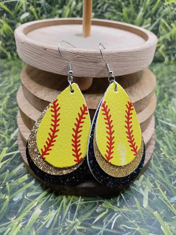 Triple Layered Softball Earrings w/ Gold & Black Glitter