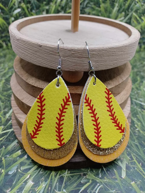 Triple Layered Softball Earrings w/ Gold & Yellow Glitter