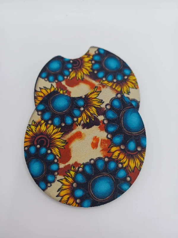 Cozy Christmas Turquoise & Brown Cow Print Car Coaster Set