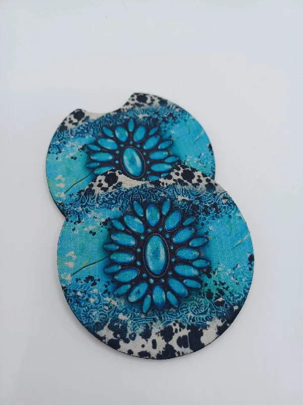 Christmas Wishes Turquoise Cactus Blossom w/ Cow Print Car Coaster Set