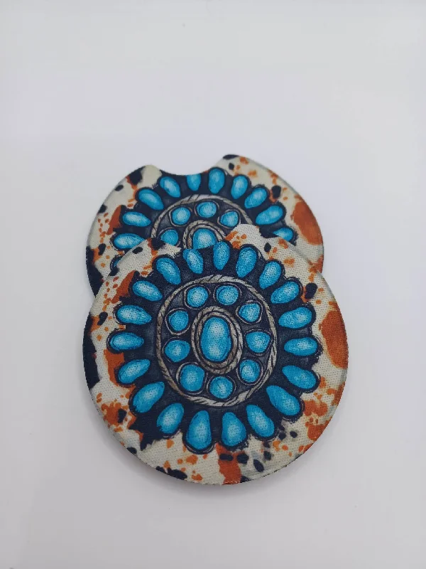Christmas Star Turquoise Cactus Blossom w/ Cow Print Car Coaster Set