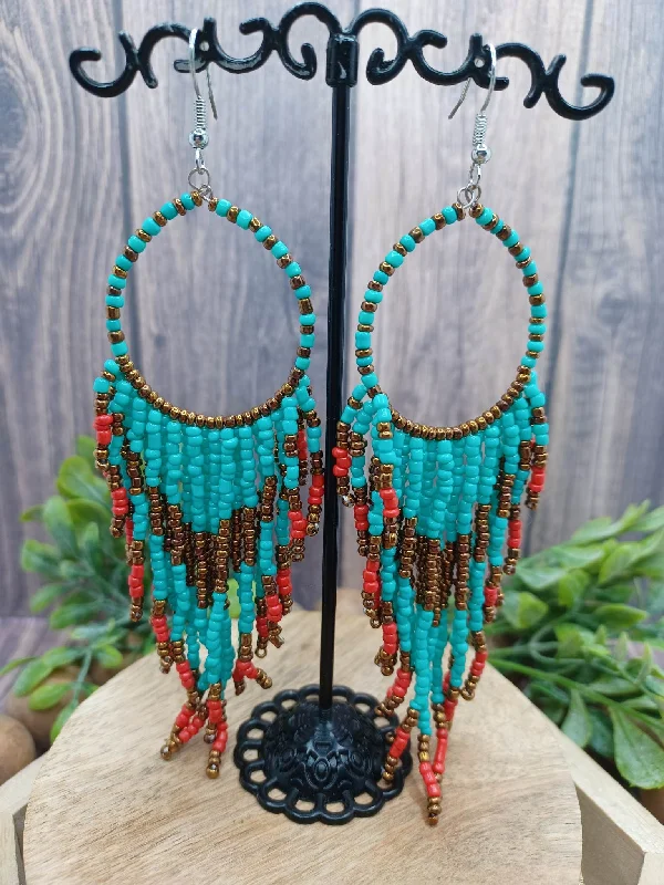 Christmas Cozy Indoor Nights Turquoise, Copper, & Red Seabeaded Earrings