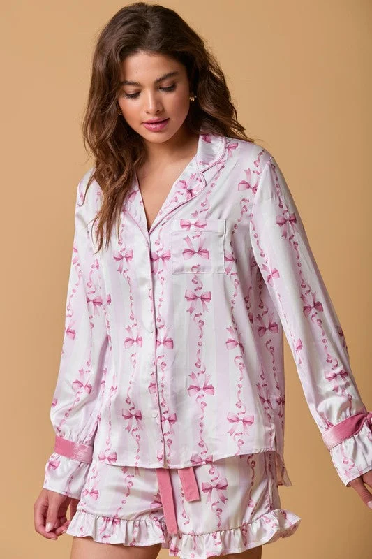 Christmas Jolly Festivities Velvet Bows Pink Pajama Top