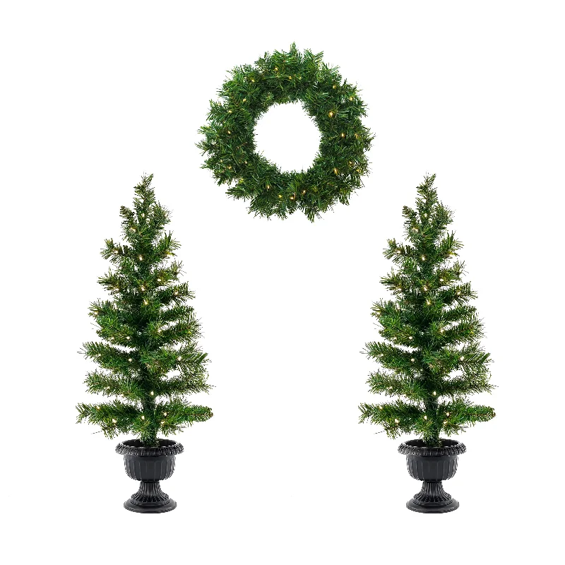 Christmas Wrapping Pre-Lit Warm Welcome Assortment Set of 2 Entrance Trees, 1 Wreath Christmas Wrapping Pre-Lit Warm Welcome Assortment Set of 2 Entrance Trees, 1 Wreath