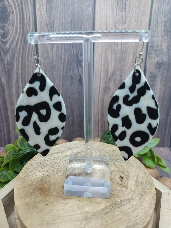 Christmas Snowflakes White & Black Leopard Print Elongated Earrings