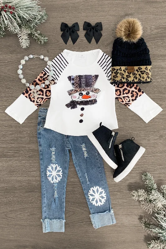 Christmas Frosted Christmas Trees White Cheetah Snowman Denim Pant Set