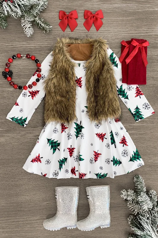 Christmas Glittery Star Decor White Plaid Christmas Tree Dress
