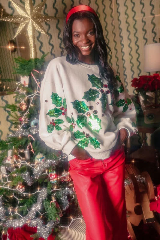 Christmas Cozy Indoor Nights White Diagonal Holly Sweatshirt