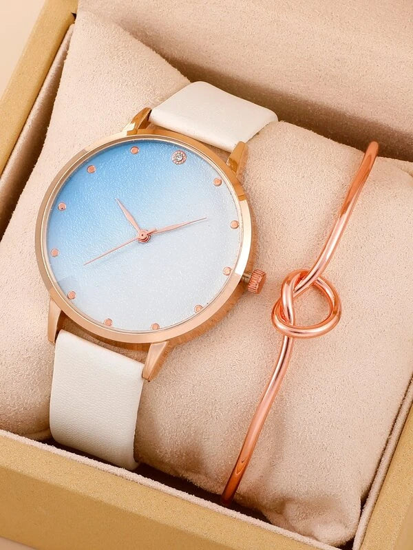 Christmas Magic White Leather Style Banded Watch w/ Rose Gold Knot Bracelet Set