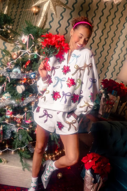 Christmas Peaceful Holiday Mornings White Multi Bows & Poinsettia Shorts