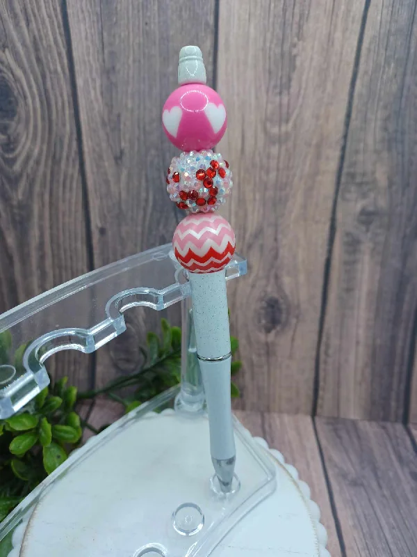 Christmas Winter Forest Walks White, Pink, & Red Beaded Ink Pen w/ Pink Heart Bead