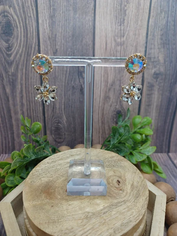 Christmas Movie Night White Rhinestone Flower Earrings w/ Mermaid Rhinestone Embeliishment