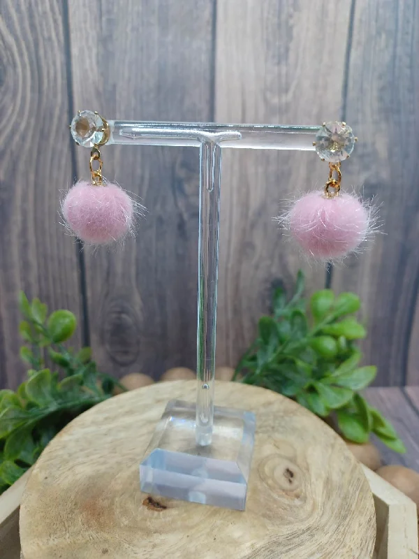 Christmas Baking White Rhinestone Solitaire Earrings w/ Pink Puff