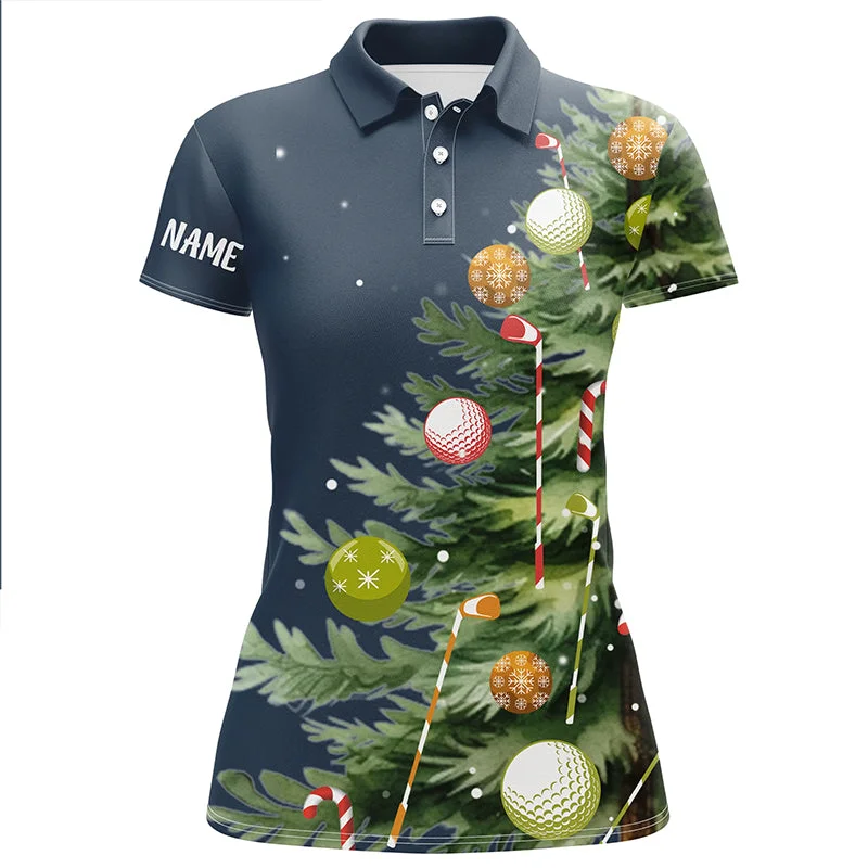 White Women golf polo shirts custom blue Christmas tree shirt for ladies, Christmas golf gifts NQS6601 White Women golf polo shirts custom blue Christmas tree shirt for ladies, Christmas golf gifts NQS6601