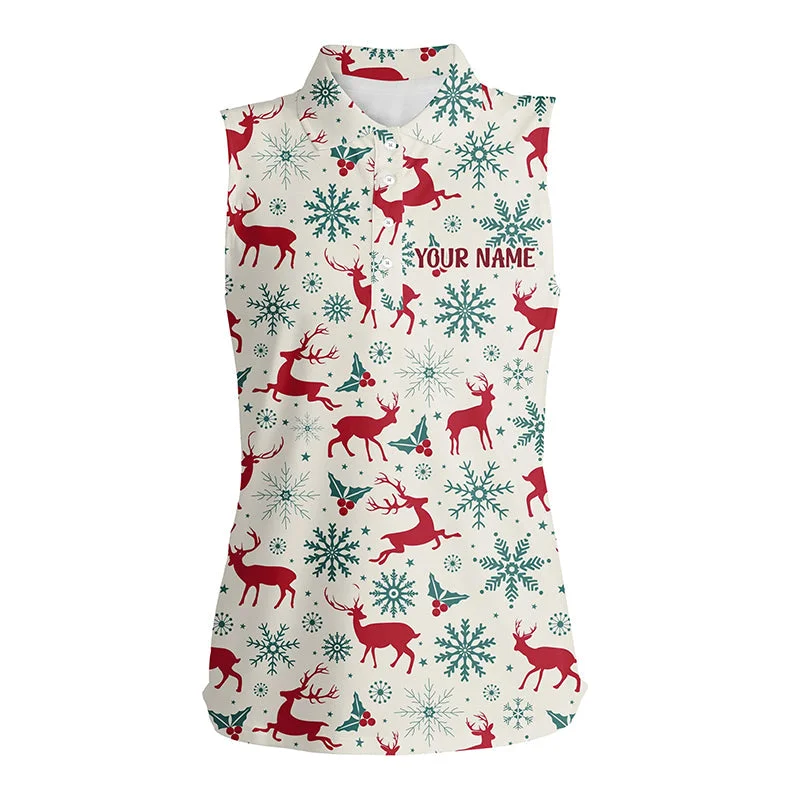 Vintage Christmas With Reindeer Snowflakes Womens Sleeveless Polo Shirt Winter Golf Gifts For Women LDT0461 Vintage Christmas With Reindeer Snowflakes Womens Sleeveless Polo Shirt Winter Golf Gifts For Women LDT0461