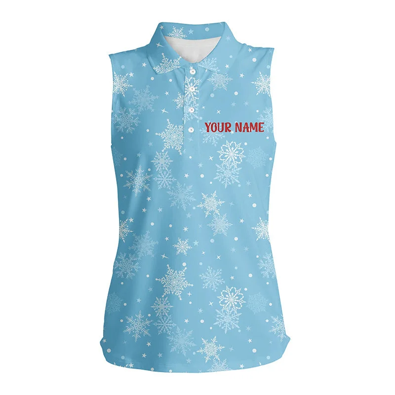 Snowflakes In Blue Christmas Womens Sleeveless Polo Shirt Custom Winter Holiday Golf Gifts For Women LDT0462 Snowflakes In Blue Christmas Womens Sleeveless Polo Shirt Custom Winter Holiday Golf Gifts For Women LDT0462