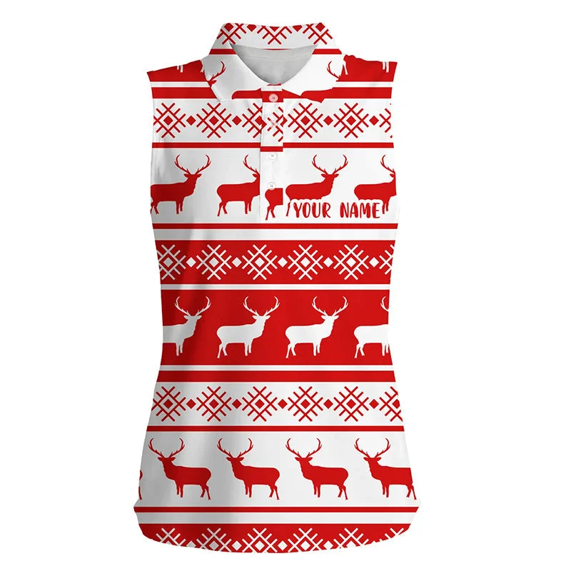 Christmas Seamless Pattern With Deer Red White Womens Sleeveless Polo Shirt Custom Women Golf Tops LDT0572 Christmas Seamless Pattern With Deer Red White Womens Sleeveless Polo Shirt Custom Women Golf Tops LDT0572