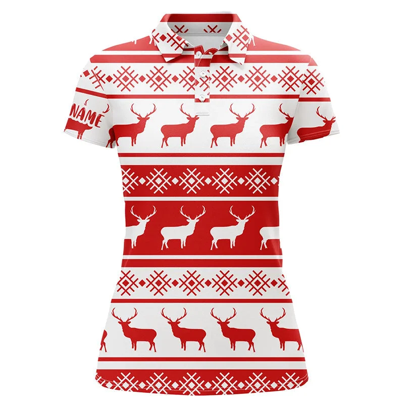 Christmas Seamless Pattern With Deer Red White Golf Polo Shirts Custom Golf Shirts For Women LDT0572 Christmas Seamless Pattern With Deer Red White Golf Polo Shirts Custom Golf Shirts For Women LDT0572
