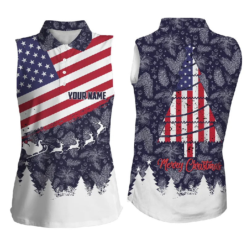 Merry Christmas Usa Flag Womens Sleeveless Polo Shirt Custom Patriotic Golf Shirt For Women Golf Gift LDT0576 Merry Christmas Usa Flag Womens Sleeveless Polo Shirt Custom Patriotic Golf Shirt For Women Golf Gift LDT0576