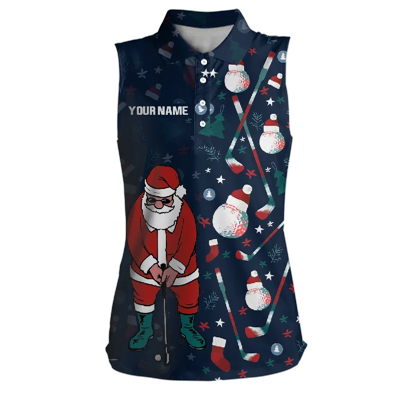 Christmas Golf Pattern Navy Womens Sleeveless Polo Shirt Santa Playing Golf Tops For Women Golf Gifts LDT0578 Christmas Golf Pattern Navy Womens Sleeveless Polo Shirt Santa Playing Golf Tops For Women Golf Gifts LDT0578