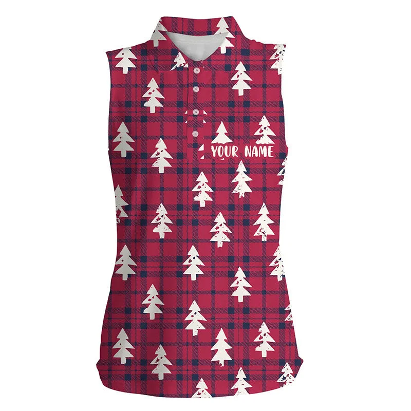 Red Checker Plaid Christmas Tree Womens Sleeveless Golf Polo Shirt Rustic Vintage Golf Tops For Women LDT0584 Red Checker Plaid Christmas Tree Womens Sleeveless Golf Polo Shirt Rustic Vintage Golf Tops For Women LDT0584