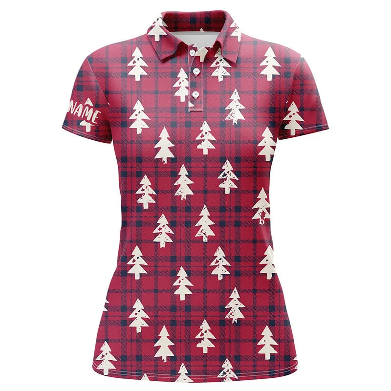 Red Checker Plaid Christmas Tree Womens Golf Polo Shirt Rustic Vintage Golf Shirts For Women LDT0584 Red Checker Plaid Christmas Tree Womens Golf Polo Shirt Rustic Vintage Golf Shirts For Women LDT0584