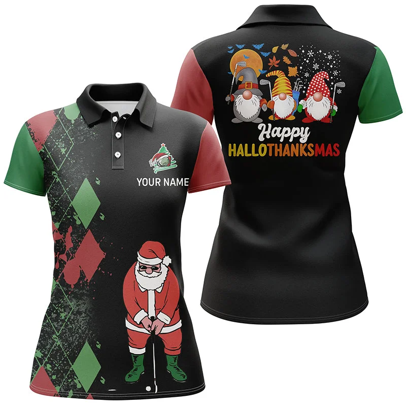 Happy Hallothanksmas Christmas Argyle Santa Playing Golf Womens Polo Shirt Funny Golf Tops LDT0594 Happy Hallothanksmas Christmas Argyle Santa Playing Golf Womens Polo Shirt Funny Golf Tops LDT0594