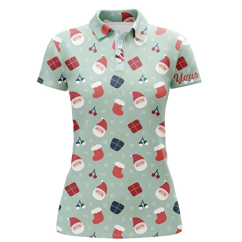 Christmas Pattern With Gifts And Santa Golf Polo Shirts Light Green Golf Shirts For Women LDT0612 Christmas Pattern With Gifts And Santa Golf Polo Shirts Light Green Golf Shirts For Women LDT0612