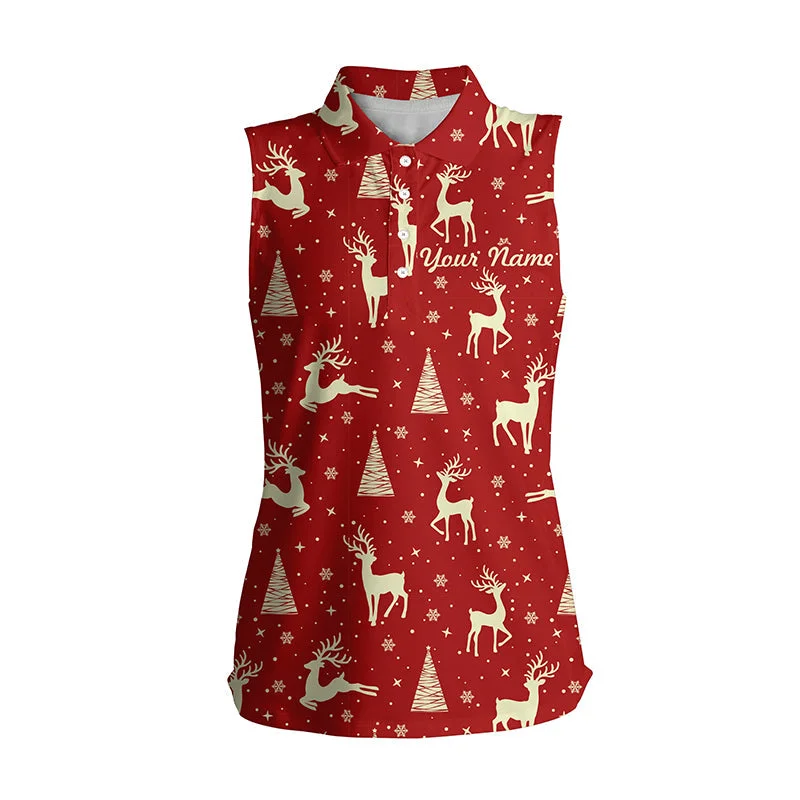 Deer In The Forest Christmas Red Womens Sleeveless Golf Shirt Custom Golf Shirts For Women Golf Gifts LDT0617 Deer In The Forest Christmas Red Womens Sleeveless Golf Shirt Custom Golf Shirts For Women Golf Gifts LDT0617