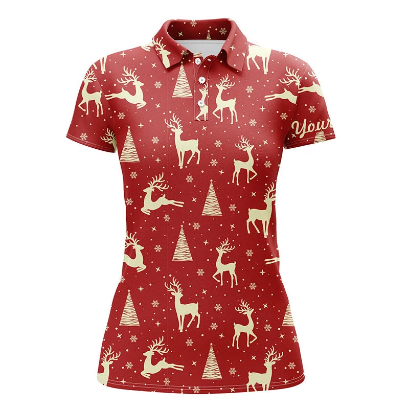 Deer In The Forest Womens Christmas Red Golf Shirts Custom Golf Shirts For Women Golf Gifts LDT0617 Deer In The Forest Womens Christmas Red Golf Shirts Custom Golf Shirts For Women Golf Gifts LDT0617