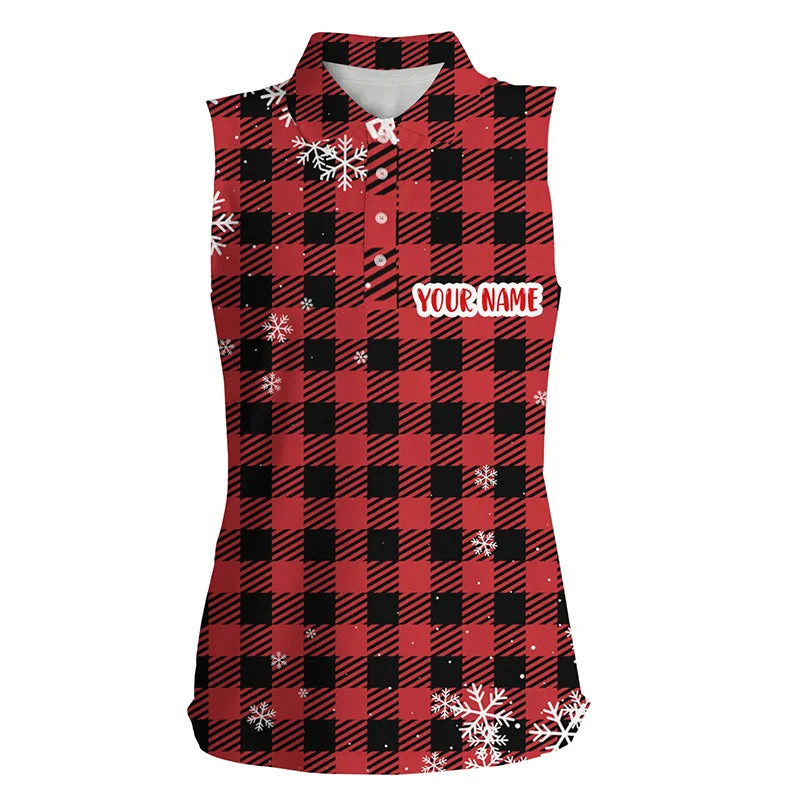 Christmas Snowflakes On Red Black Plaid Womens Sleeveless Golf Polo Personalized Golf Shirt For Women LDT0619 Christmas Snowflakes On Red Black Plaid Womens Sleeveless Golf Polo Personalized Golf Shirt For Women LDT0619