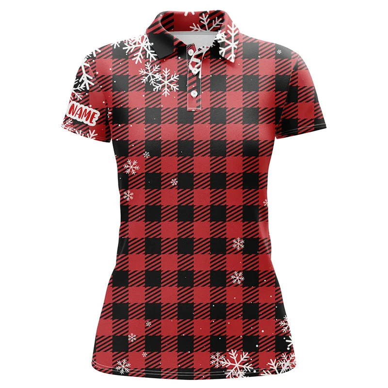 Christmas Snowflakes On Red Black Plaid Womens Golf Polos Personalized Golf Shirts For Women LDT0619 Christmas Snowflakes On Red Black Plaid Womens Golf Polos Personalized Golf Shirts For Women LDT0619
