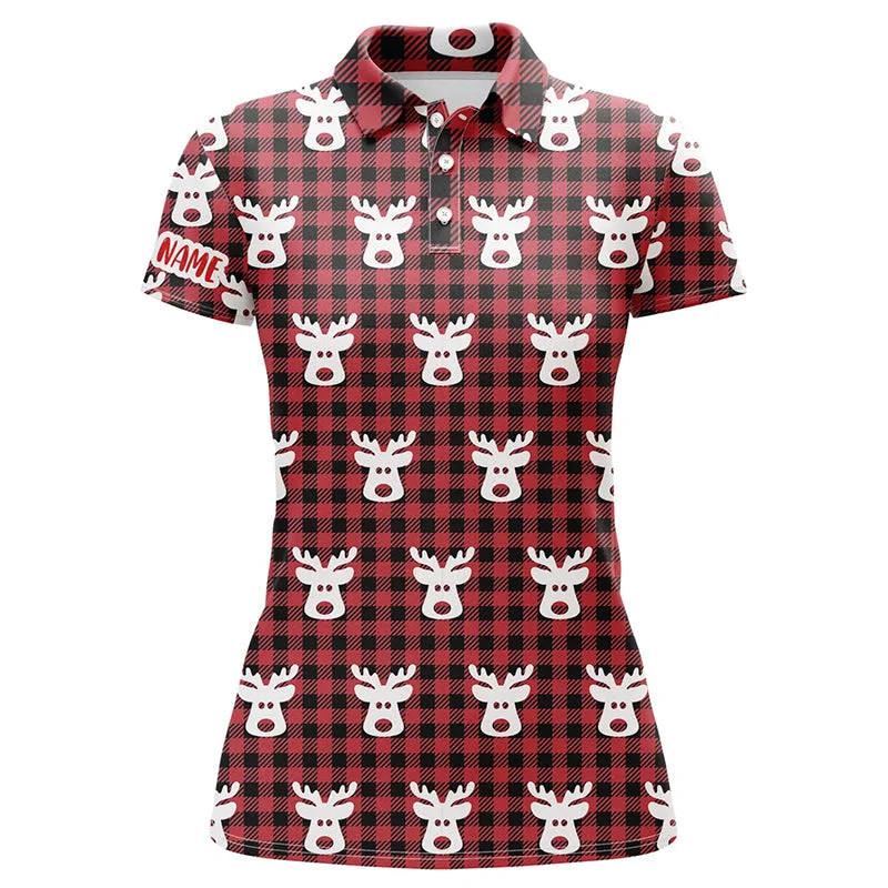 Reindeer Red Black Plaid Christmas Womens Golf Polo Shirt Golf Shirts For Women Golfer Gifts LDT0620 Reindeer Red Black Plaid Christmas Womens Golf Polo Shirt Golf Shirts For Women Golfer Gifts LDT0620