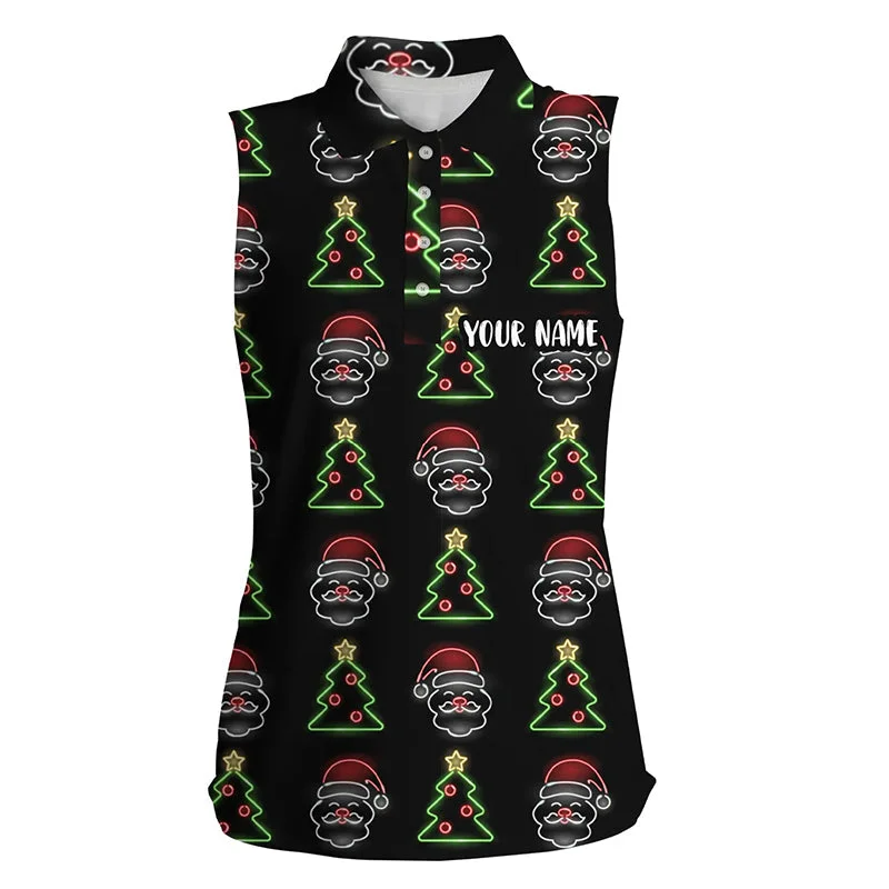 Neon Christmas Tree And Santa Womens Sleeveless Polo Shirts Custom Funny Golf Shirts For Women LDT0621 Neon Christmas Tree And Santa Womens Sleeveless Polo Shirts Custom Funny Golf Shirts For Women LDT0621
