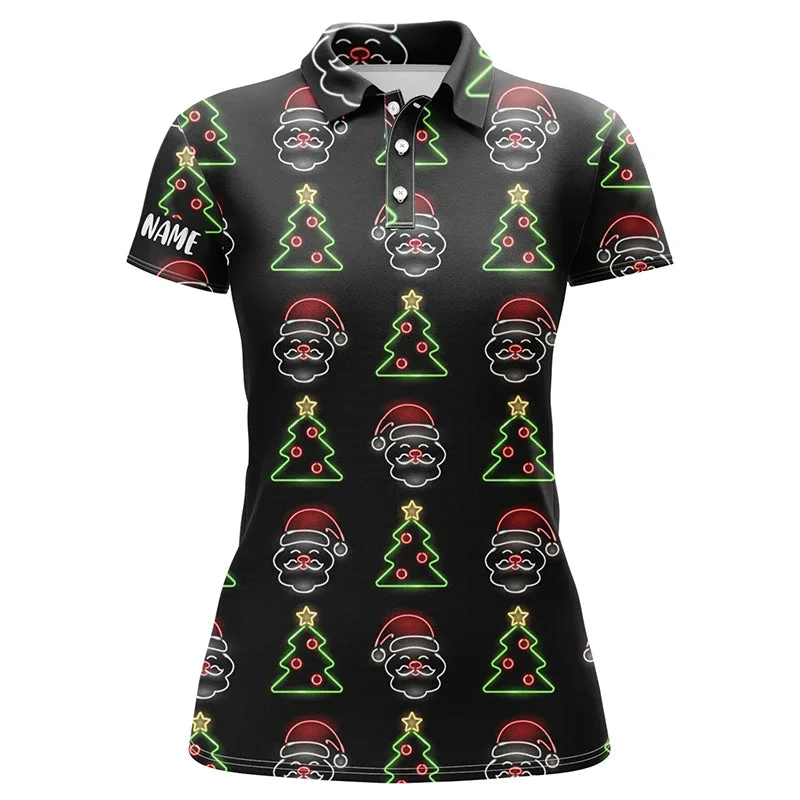 Neon Christmas Tree And Santa Womens Golf Polo Shirts Custom Funny Golf Shirts For Women LDT0621 Neon Christmas Tree And Santa Womens Golf Polo Shirts Custom Funny Golf Shirts For Women LDT0621