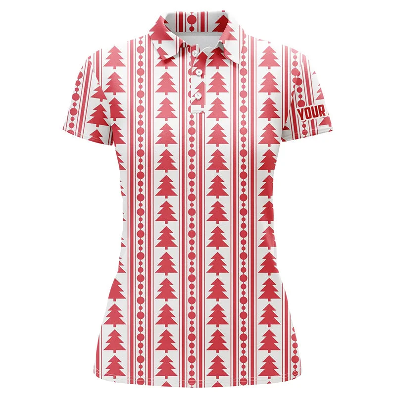 Red Christmas Trees & Garlands Flat Womens Golf Polo Shirts Customized Golf Shirts For Ladies LDT0639 Red Christmas Trees & Garlands Flat Womens Golf Polo Shirts Customized Golf Shirts For Ladies LDT0639