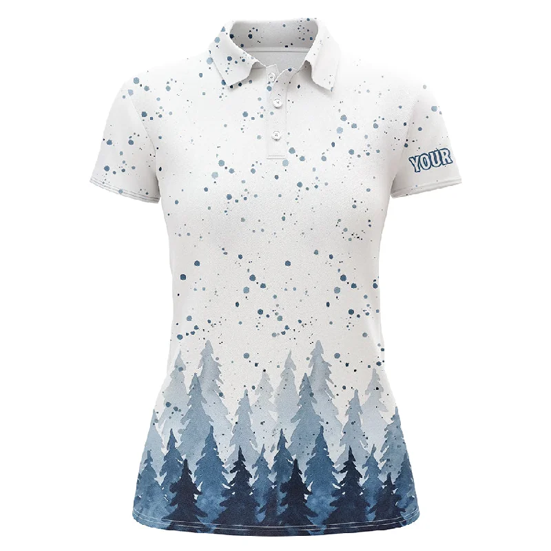 Watercolor Indigo Blue Christmas Trees & Snowfall Golf Polo Shirt Winter Golf Shirt For Women LDT0659 Watercolor Indigo Blue Christmas Trees & Snowfall Golf Polo Shirt Winter Golf Shirt For Women LDT0659