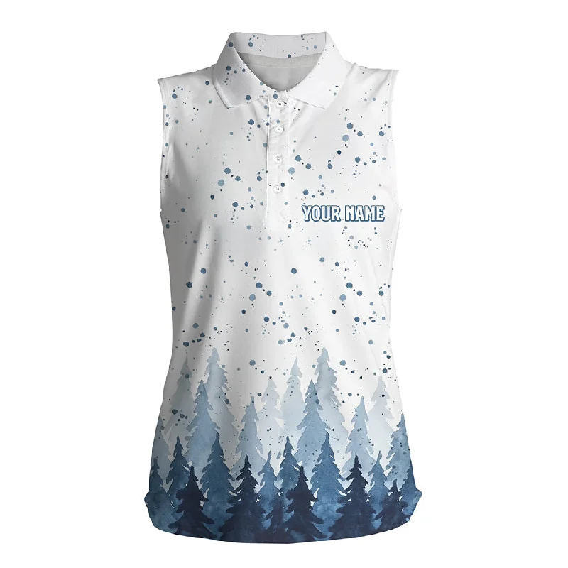 Watercolor Indigo Blue Christmas Trees & Snowfall Sleeveless Polo Shirt Winter Golf Shirts For Women LDT0659 Watercolor Indigo Blue Christmas Trees & Snowfall Sleeveless Polo Shirt Winter Golf Shirts For Women LDT0659