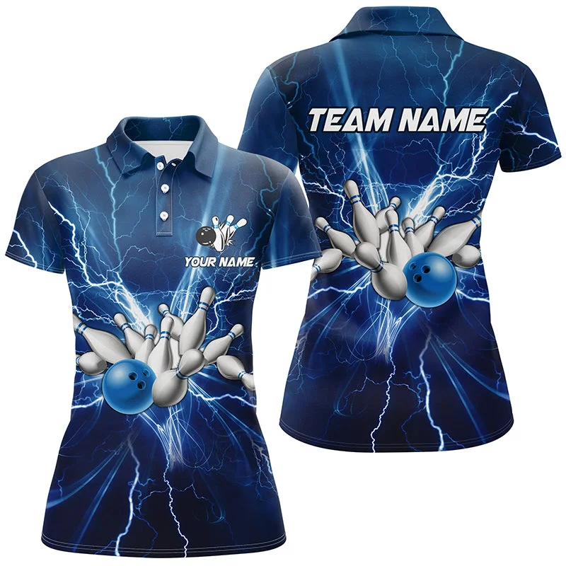 Women bowling polo shirts Custom blue lightning thunder Bowling Team Jersey, gift for team Bowlers NQS6638 Women bowling polo shirts Custom blue lightning thunder Bowling Team Jersey, gift for team Bowlers NQS6638