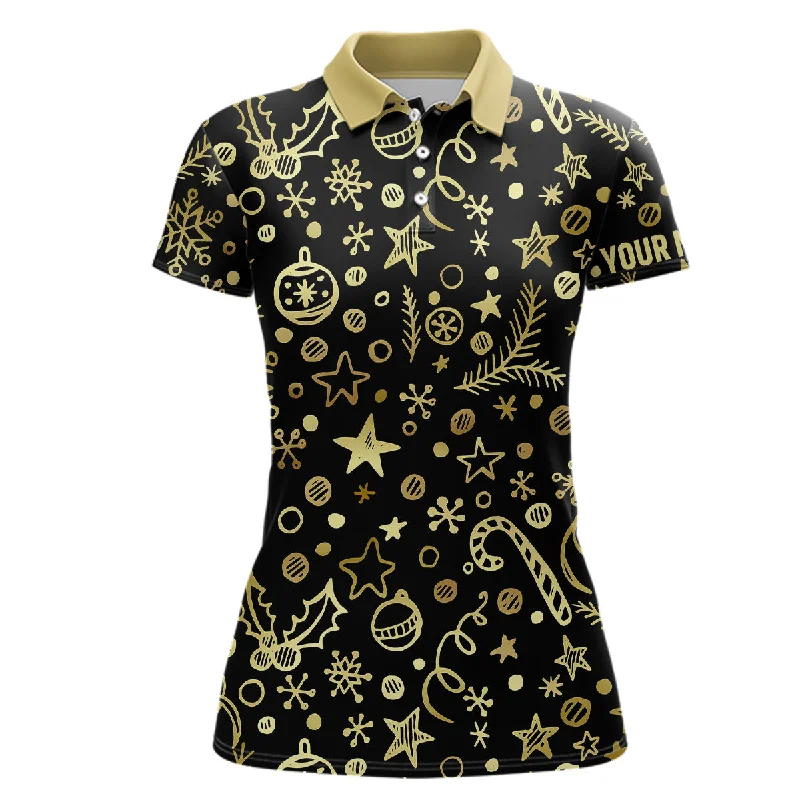 Women golf polo shirts custom golden Christmas black pattern shirt for ladies, personalized golf gifts NQS6586 Women golf polo shirts custom golden Christmas black pattern shirt for ladies, personalized golf gifts NQS6586