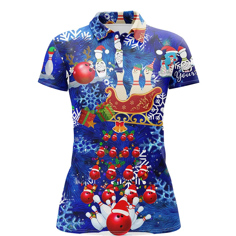 Womens Bowling Polo Shirts Custom blue Christmas pattern Bowling Santa ball pins team Ladies Jersey NQS6617 Womens Bowling Polo Shirts Custom blue Christmas pattern Bowling Santa ball pins team Ladies Jersey NQS6617