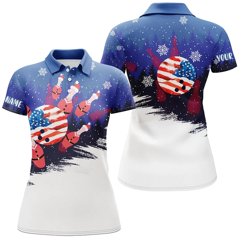 Womens Bowling Polo Shirts Custom Christmas Bowling Santa pins American Flag team Ladies blue Jersey NQS6614 Womens Bowling Polo Shirts Custom Christmas Bowling Santa pins American Flag team Ladies blue Jersey NQS6614