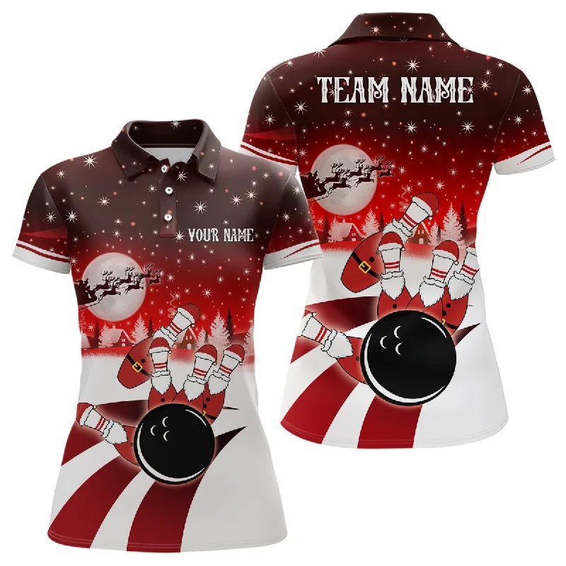 Womens Bowling Polo Shirts Custom Christmas Santa Bowling ball pins team Ladies Jersey | Red NQS6666 Womens Bowling Polo Shirts Custom Christmas Santa Bowling ball pins team Ladies Jersey | Red NQS6666