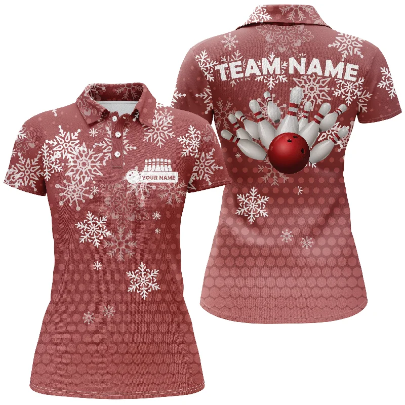 Womens Bowling Polo Shirts Custom Christmas snowflake Bowling ball pins team Ladies Jersey | Red NQS6616 Womens Bowling Polo Shirts Custom Christmas snowflake Bowling ball pins team Ladies Jersey | Red NQS6616