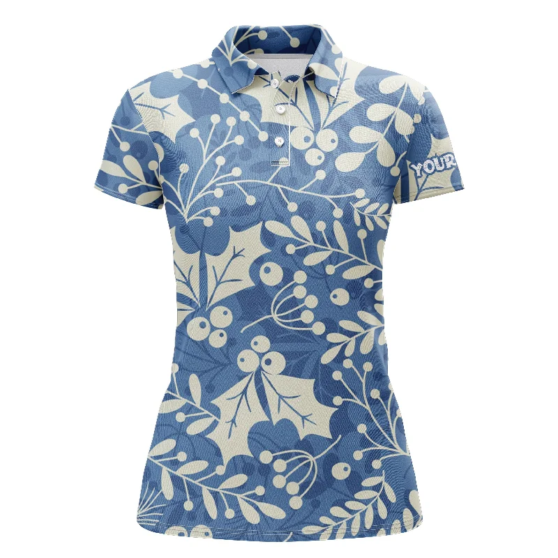 Womens golf polo shirt custom name Christmas holly leaves and berries pattern, Christmas golf gift NQS4448 Womens golf polo shirt custom name Christmas holly leaves and berries pattern, Christmas golf gift NQS4448