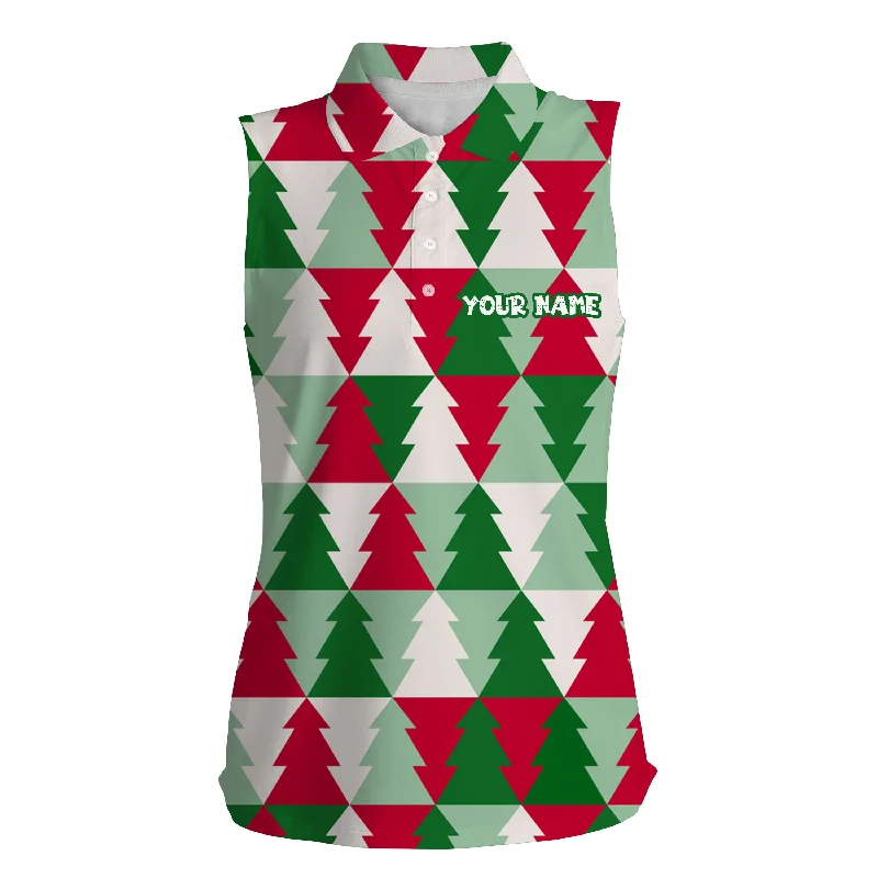 Womens sleeveless polo shirt custom name Christmas tree pattern, Christmas golf gift for women NQS4439 Womens sleeveless polo shirt custom name Christmas tree pattern, Christmas golf gift for women NQS4439